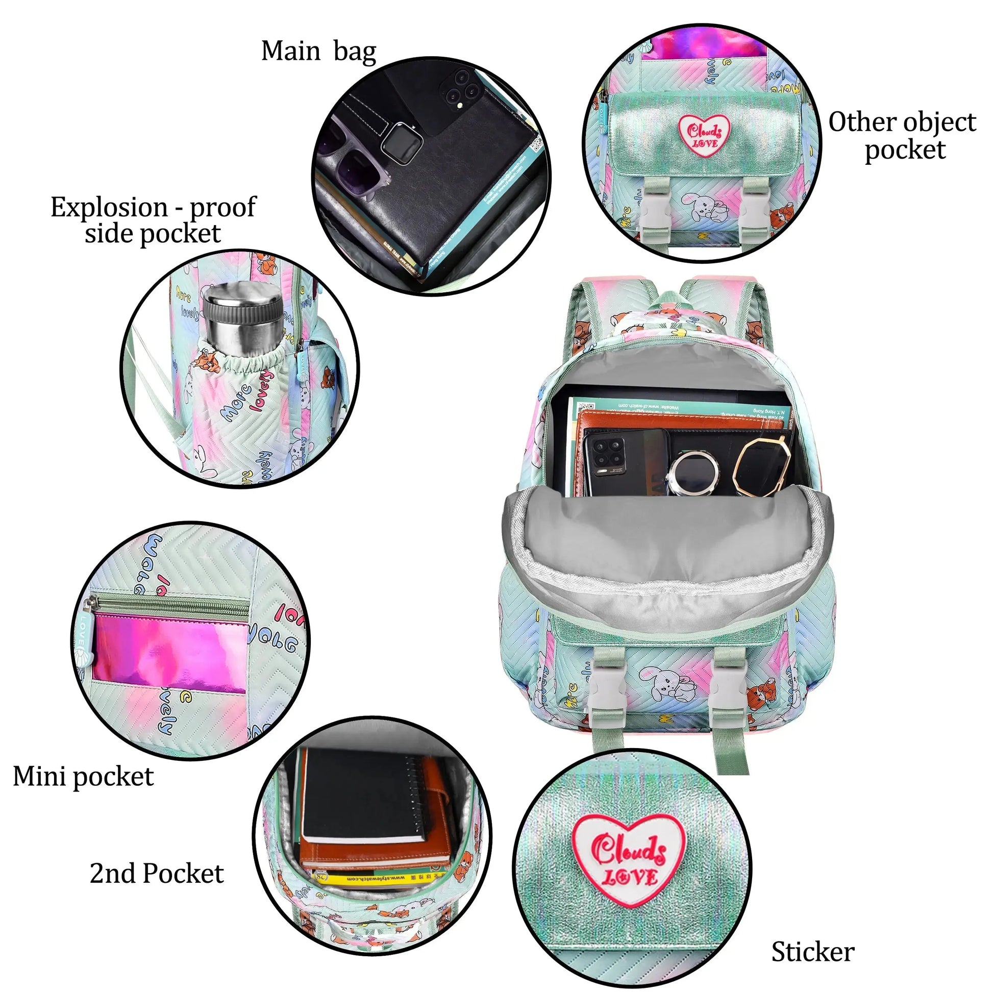 clouds love 15.6 Inch College Cute Bookbag Anti Theft Women Casual backpack for Teen School Girls laptop bag (Green) optima-bags